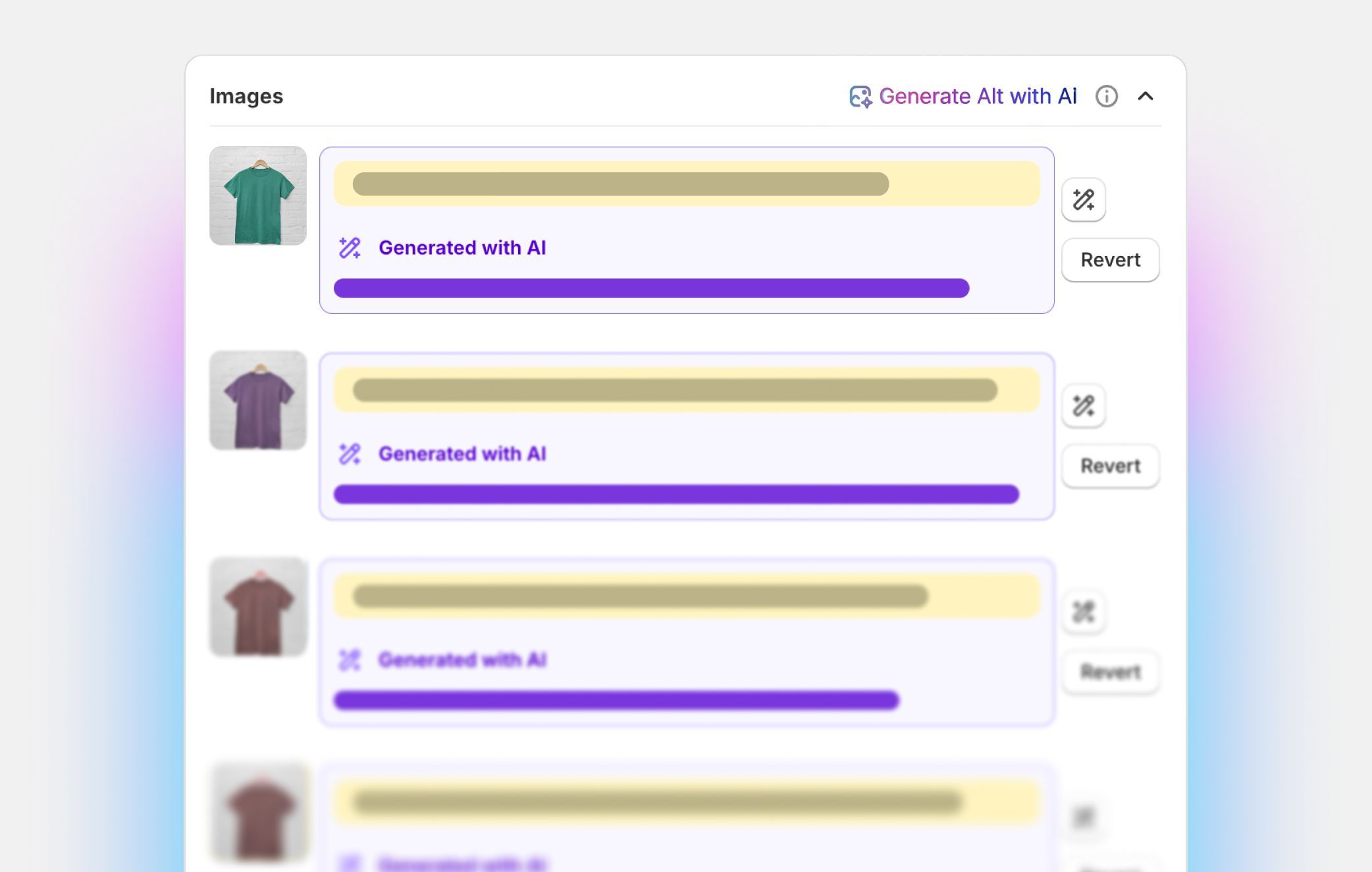 Screenshot of a web interface listing items labeled “Generated with AI,” each with a thumbnail and a Revert button.