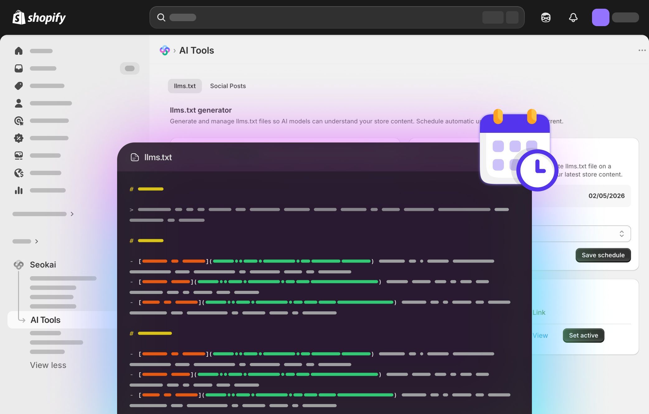 A computer screen showing a Shopify admin interface with a modal labeled “LLMS Generator” and a dark-themed code/text window overlaid displaying structured text with colored lines.