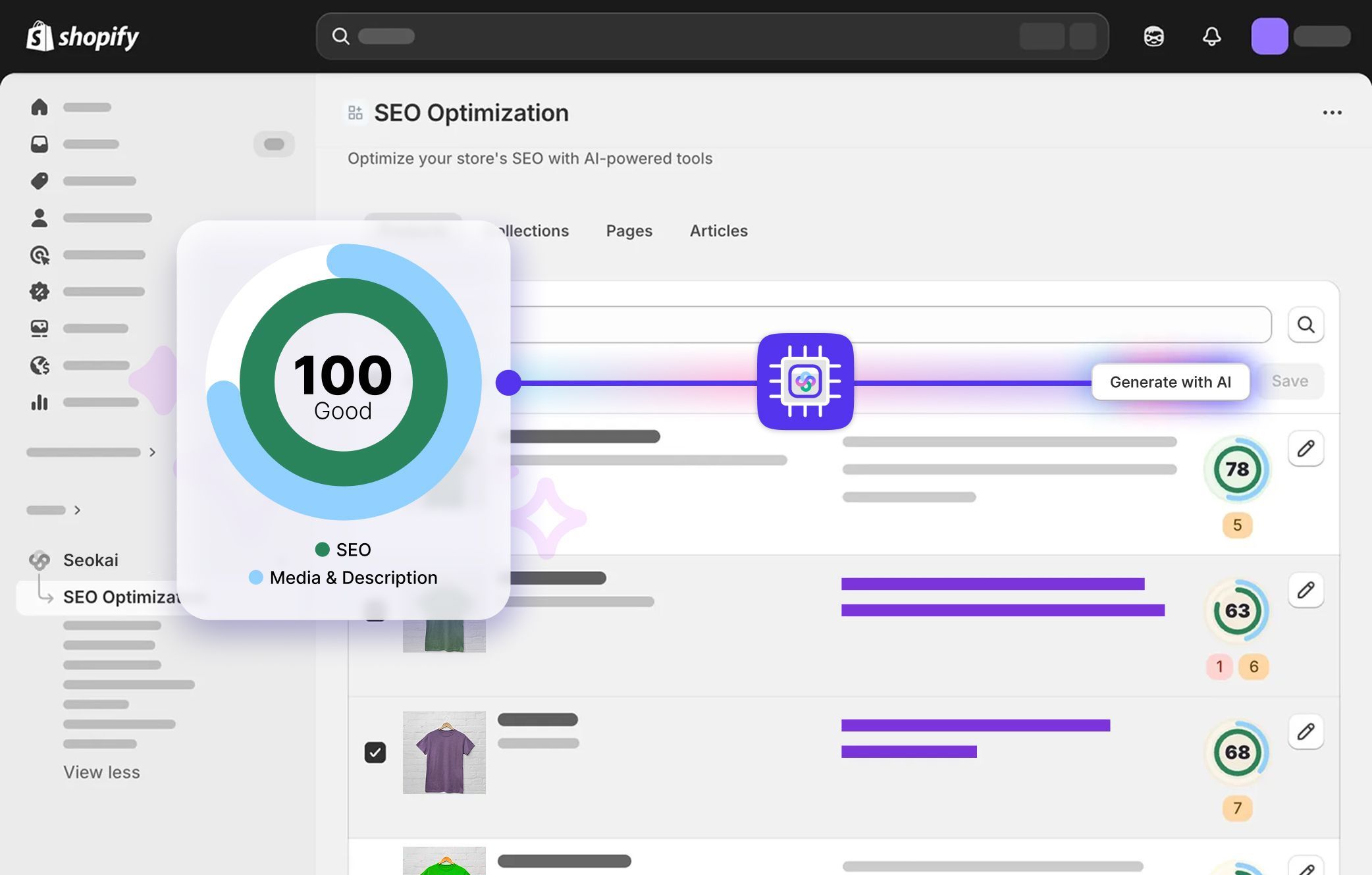 Screenshot of a Shopify SEO optimization dashboard showing a list of products with SEO score indicators and a “Generate with AI” button.