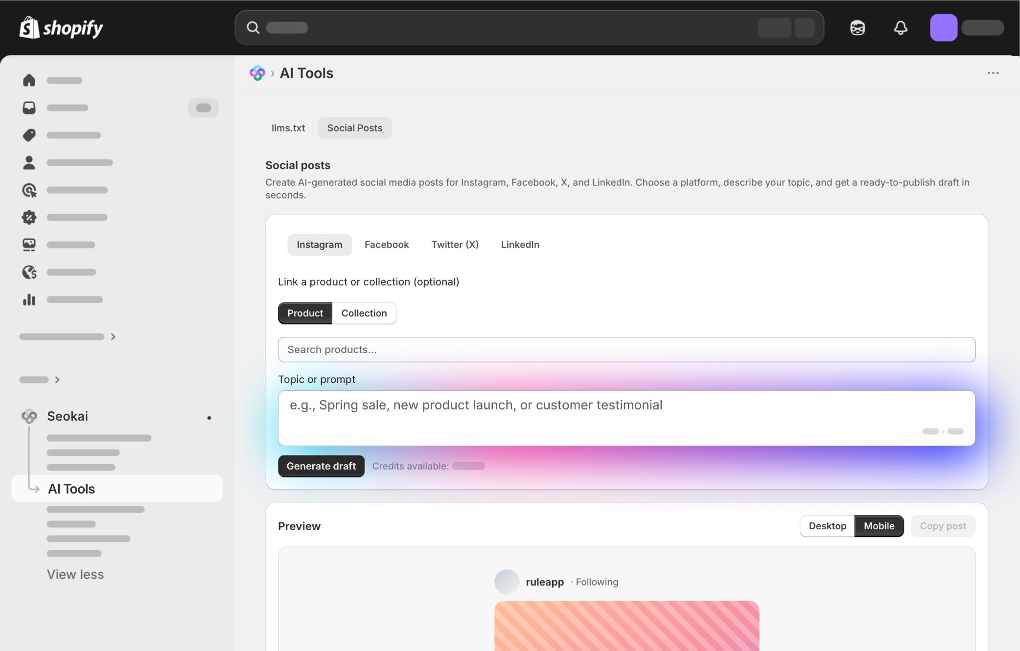 Screenshot of a Shopify dashboard showing a “Social Posts Assistant” tool with fields for entering a prompt and tabs for Instagram, Facebook, and Twitter.