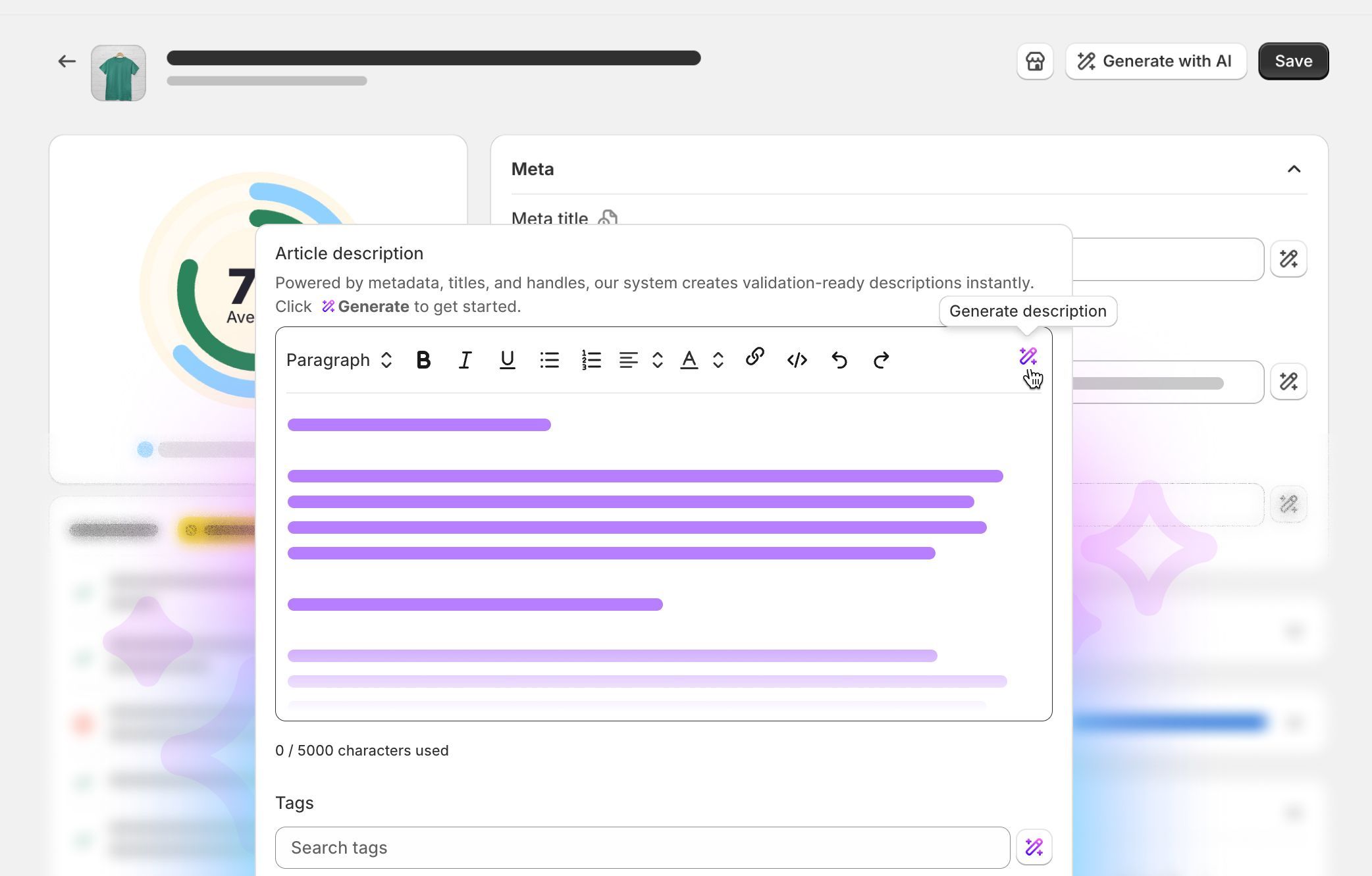 Screenshot of a web dashboard with a content editor overlay showing a text field and a circular progress indicator.