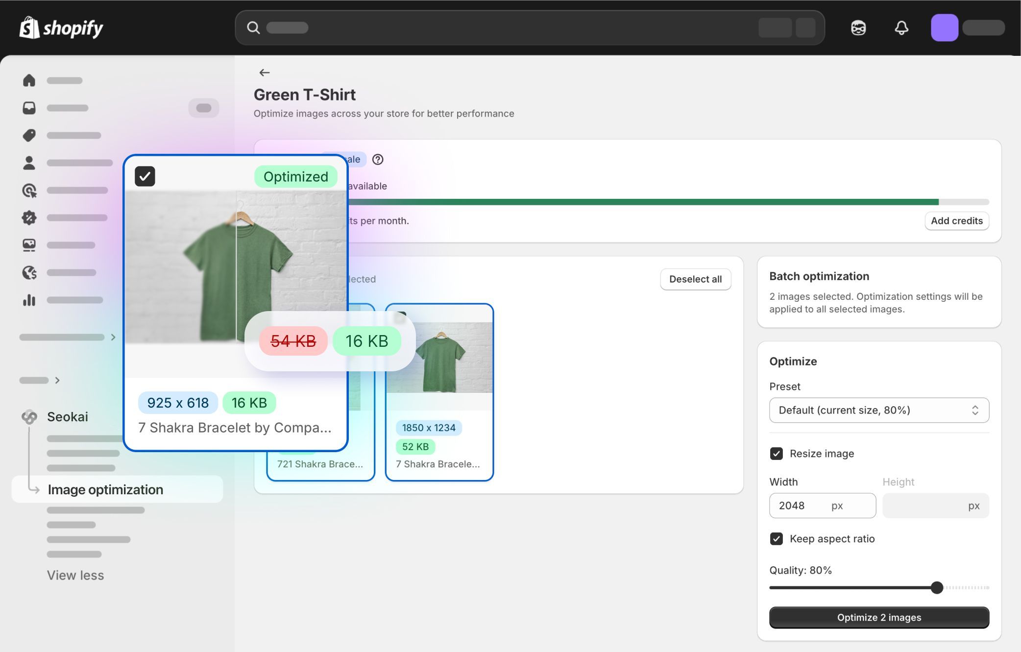 Screenshot of a Shopify SEO optimization dashboard showing a list of products with SEO score indicators and a “Generate with AI” button.