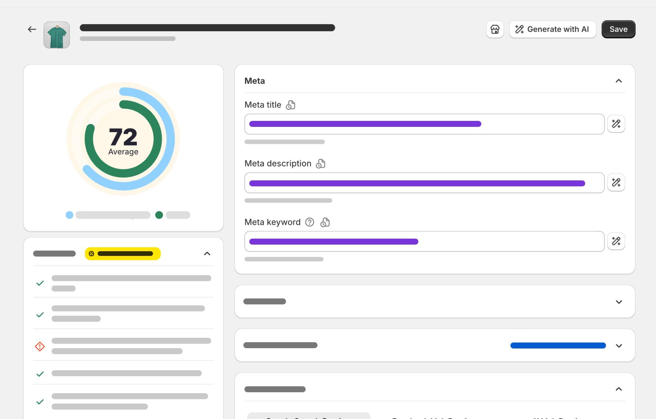 Screenshot of a dashboard interface showing a circular score indicator (72 Average), form fields for meta title/description/keywords, and other UI elements.